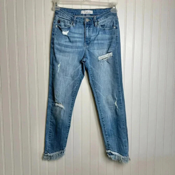 KanCan Fringe Hem Medium Wash Cropped Jeans - Picture 1 of 7